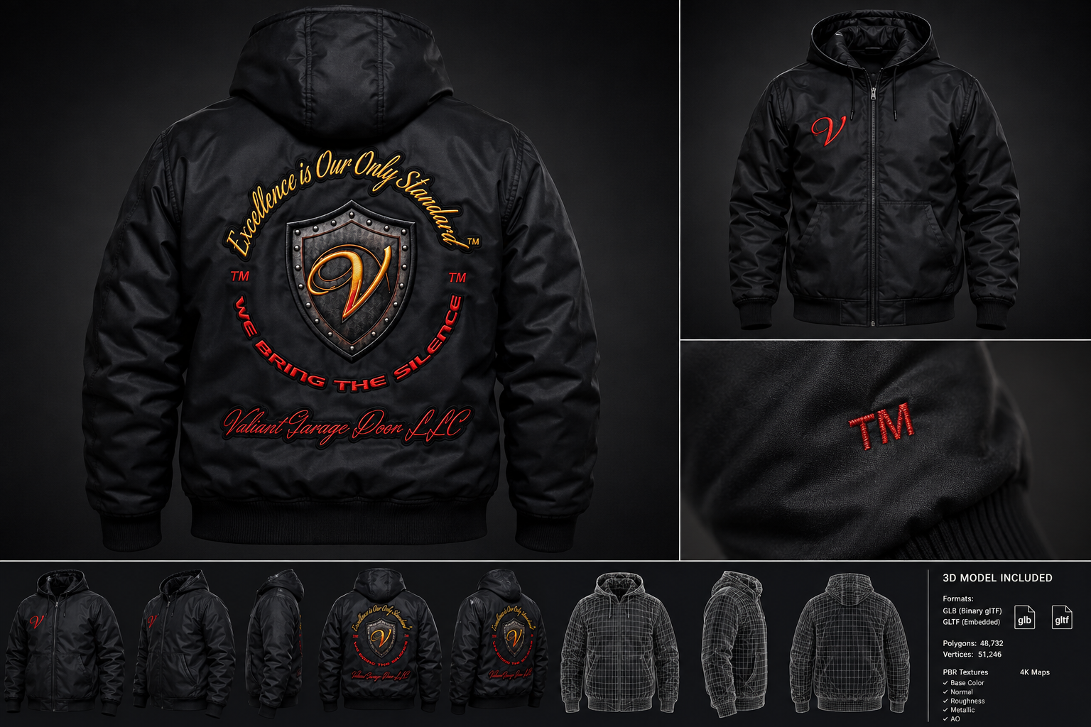 Valiant Skill Crew signature jacket shown from front, back, and detail angles